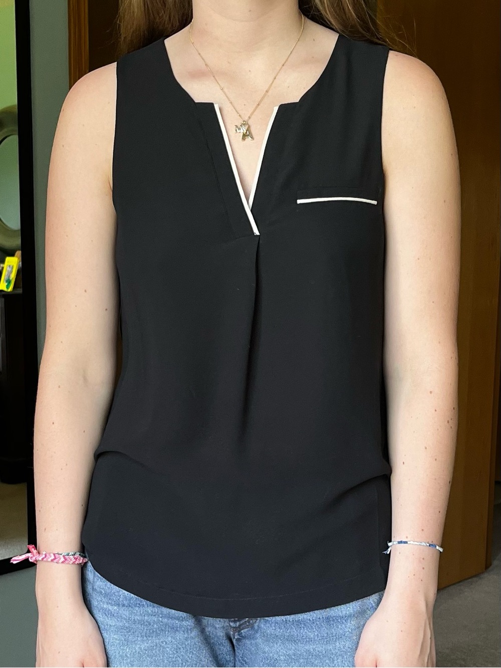 Naked Zebra Black Sleeveless Top White Piping Sz M